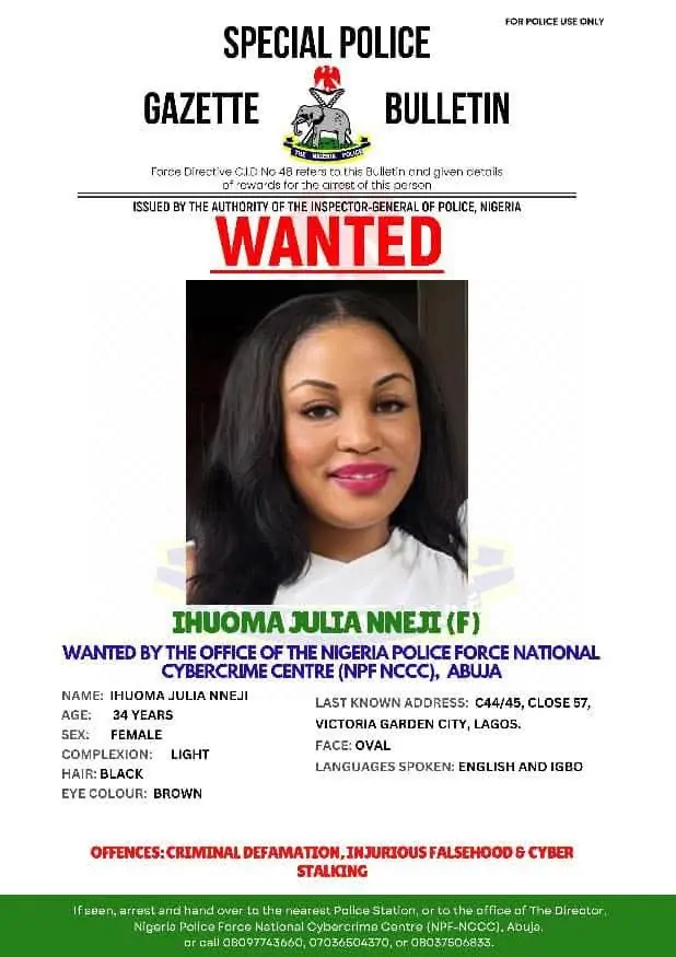 You are currently viewing Nigeria Police Declare Ihuoma Nneji, Daughter Of ABC Transport Owner Wanted (Photo)
