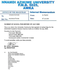 Read more about the article UNIZIK Announces Penalty On Late Payment Of School Fees