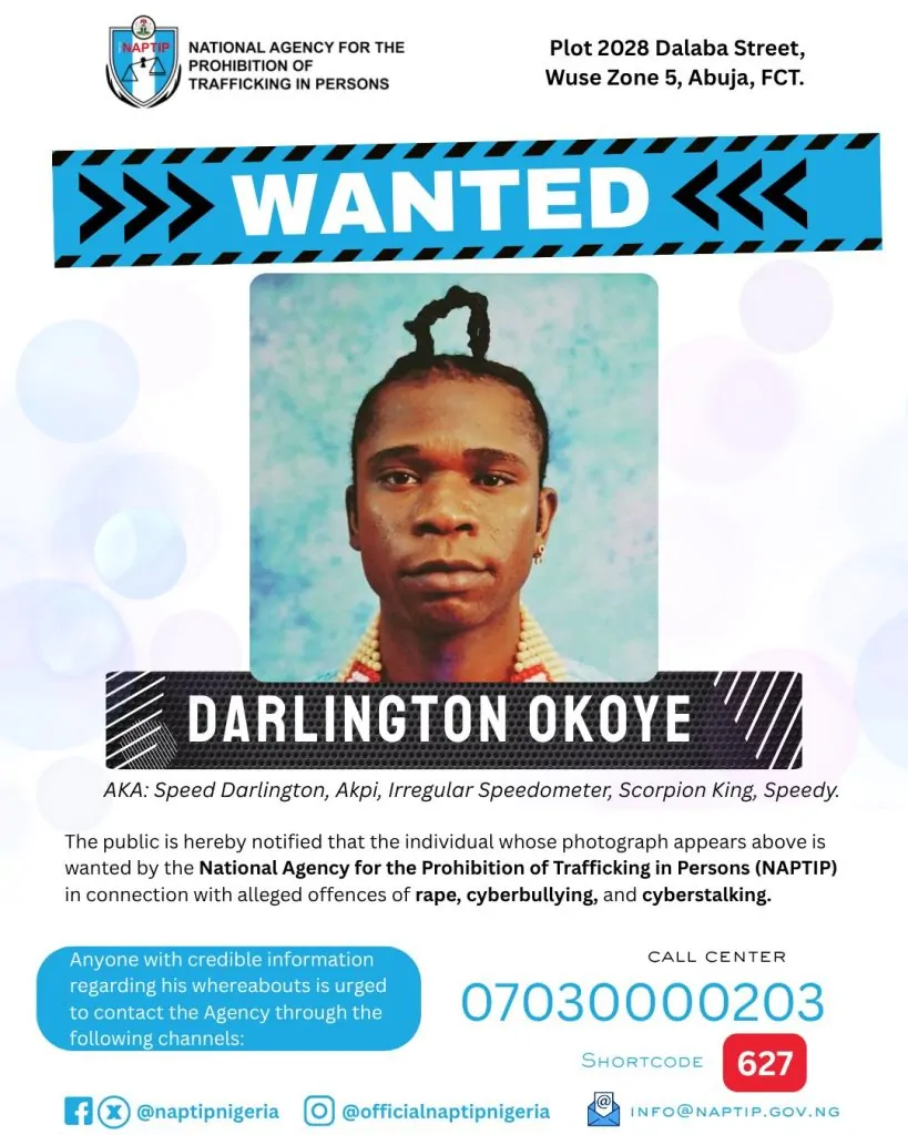Read more about the article NAPTIP Declares Speed Darlington Wanted 