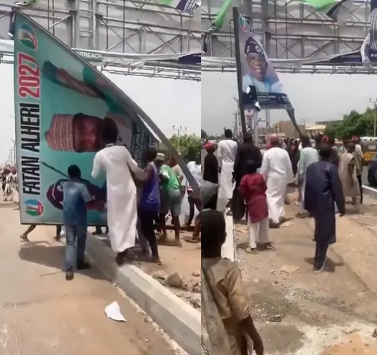Read more about the article Angry Youths Destroy President Tinubu’s 2027 Campaign Billboard In Kano State