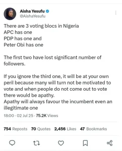 Read more about the article “Ignore Peter Obi At Your Peril” – Aisha Yesufu Warns Opposition Coalition