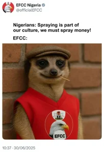 Read more about the article Naira Spraying: EFCC Sends Gentle Reminder To Nigerians