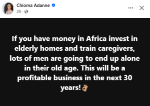 Read more about the article Invest In Elderly Homes And Train Caregivers Because Lots Of Men Are Going To End Up Alone In Their Old Age – Nigerian Woman Says