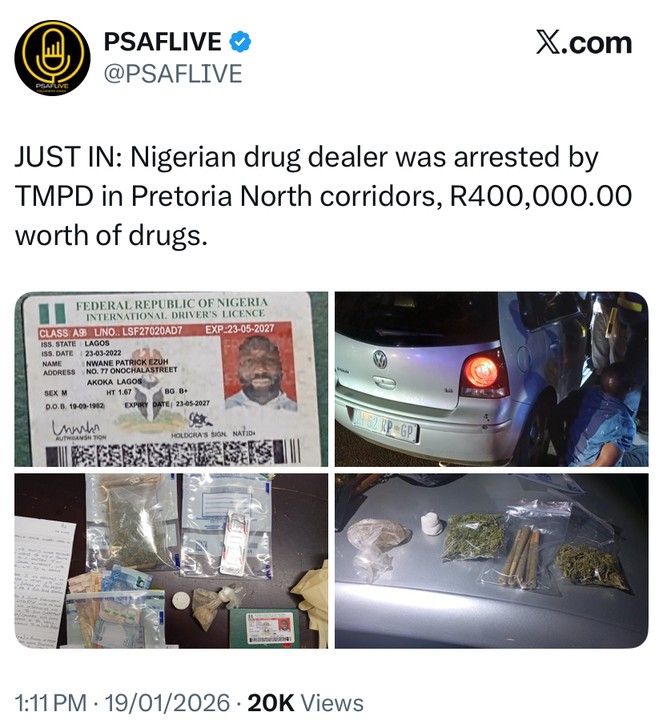 Read more about the article Nigerian Drug Dealer Arrested In South Africa With Drugs Worth ₦34 Million
